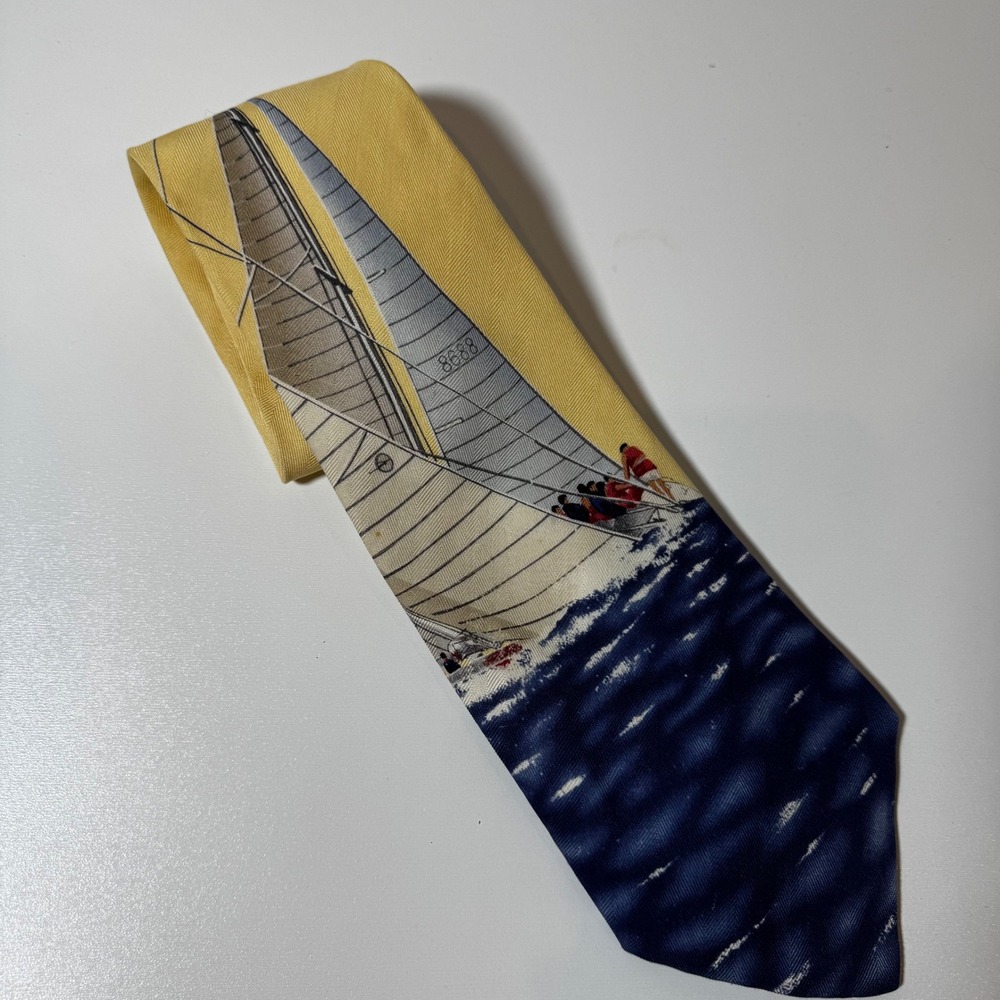 Vintage Tommy Bahama Silk Tie Sailboat Yacht Nautical‎ Yellow Navy Coastal Rare